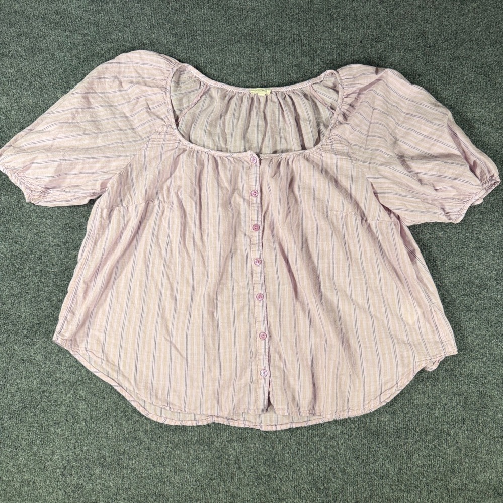 Pilcro Anthropologie Puff Sleeve Blouse Women 1X Plus Lavender Striped Boho Top